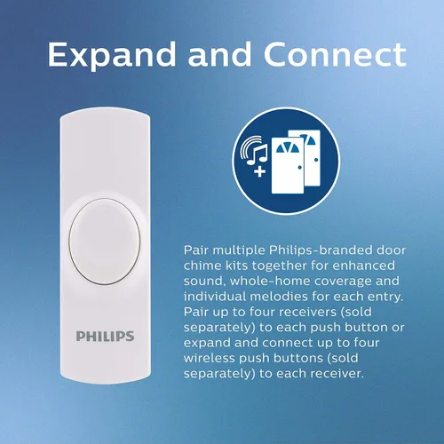 Miniatura 5 de Kit de timbre inalámbrico Philips, receptor enchufable, 2 pulsadores, 8 melodías, 4 niveles de volumen, rango de 150 pies, color blanco, DES2280W/27