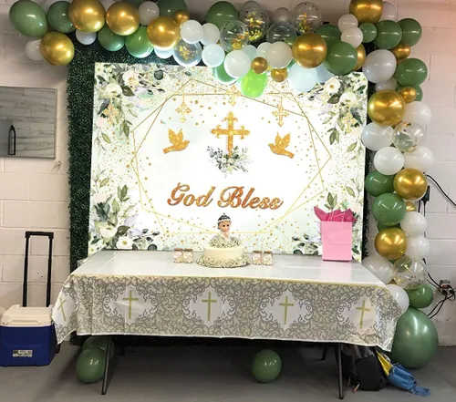 Miniatura 4 de Fondo verde y dorado para bautizo, decoración de fiesta de primera comunión, fondo de fotografía de bautizo, 7 x 5 pies (82 x 59 pulgadas)