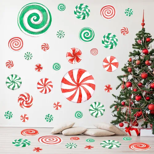 78 calcomanías de pared de caramelo de Navidad de acuarela, calcomanías de pared de Navidad, calcomanías de piso de caramelo de menta para Acuarela
