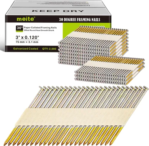 meite Clavos de marco de 30 grados de 3 pulgadas x 0.120 pulgadas, clavos de papel para pistola clavadora de enmarcar de 30 a 34 grados, clavos de