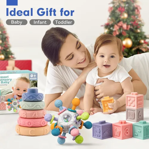 Miniatura 7 de SpringFlower Juguetes Montessori 3 en 1 para bebés de 0-3-6-12 meses, sonajero mordedor y bloques para bebés y anillos blandos apilables, juguetes