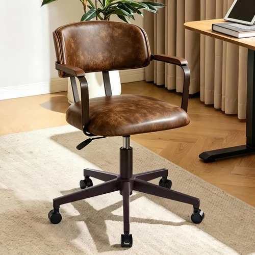 Miniatura 9 de BFZ Silla de escritorio retro de mediados de siglo para oficina en casa con respaldo, piel sintética, altura ajustable, giratoria, reposabrazos