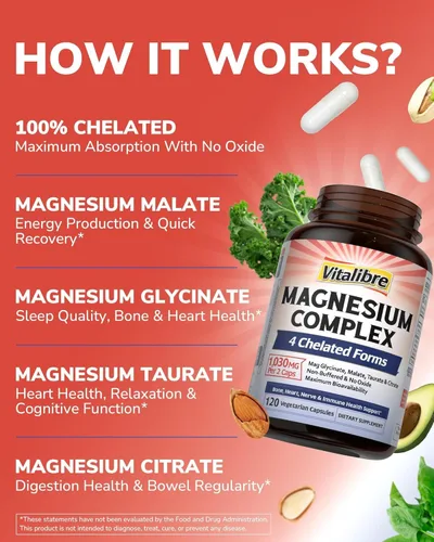 Miniatura 5 de Vitalibre Suplemento complejo de magnesio 4 en 1 de 1030 mg, absorción maximizada, malato, taurato y citrato, sin tamponar, apoyo óseo, corazón