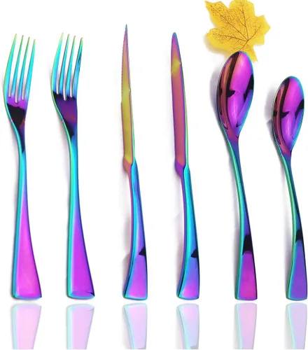 Miniatura 7 de JASHII Juego de cubiertos de 24 piezas de color rosa, juego de vajilla de acero inoxidable 18/10 para 4, incluye cuchillo, tenedor/cuchara, pulido