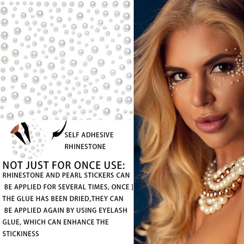 Miniatura 3 de 1450 calcomanías autoadhesivas de diamantes de imitación para maquillaje, gemas de cara y ojos, perlas blancas, calcomanías para la cara