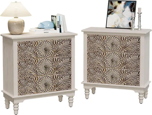 Miniatura 13 de SUNBURY Juego de 2 mesitas de noche vintage, mesa de noche pequeña de madera con cajón y estante abierto, mesa auxiliar de acento shabby para sala
