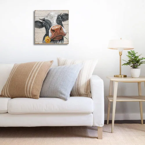 Miniatura 7 de Cuadros rústicos de vaca para decoración de pared: lienzo de vaca de granja, arte de pared, vaca de granja con girasol en panel de madera, póster