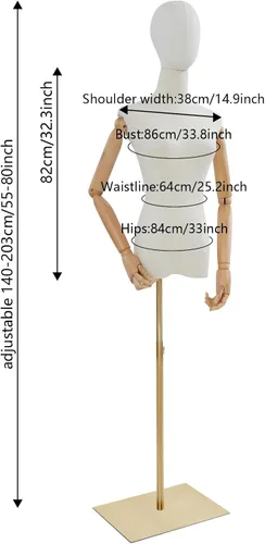 Miniatura 2 de Torso de maniquí femenino, 55-80 pulgadas de altura ajustable, cuerpo de maniquí con soporte de metal para coser y exhibir tiendas, dorado