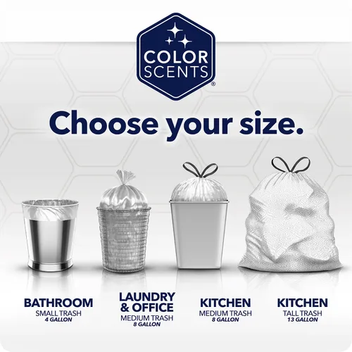 Miniatura 5 de Color Scents Bolsas de basura altas para cocina, 13 galones, 100 bolsas (1 paquete de 100 unidades), cordón - Bolsa blanca en lavanda + aroma a
