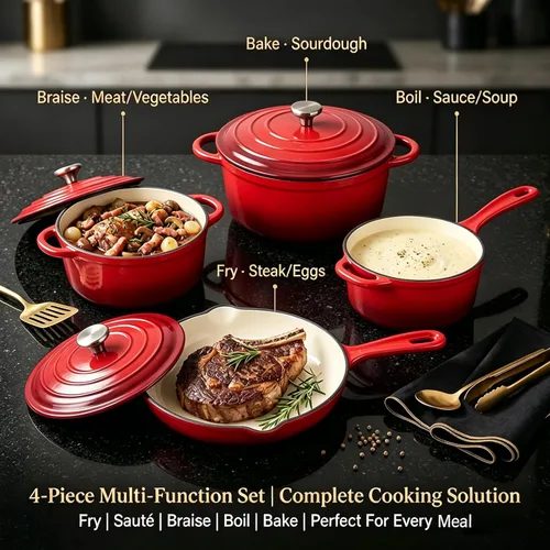 Miniatura 7 de QuliMetal Juego de utensilios de cocina de hierro fundido esmaltado antiadherente, 7 piezas de ollas y sartenes con tapa, sartén, cacerola, olla Rojo