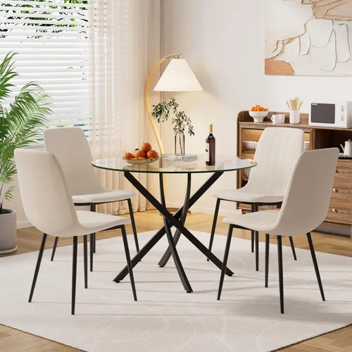 Moderno juego de mesa redonda de vidrio para 4, 36 pulgadas, pequeña base negra de vidrio templado con 4 sillas de comedor minimalistas beige, juego