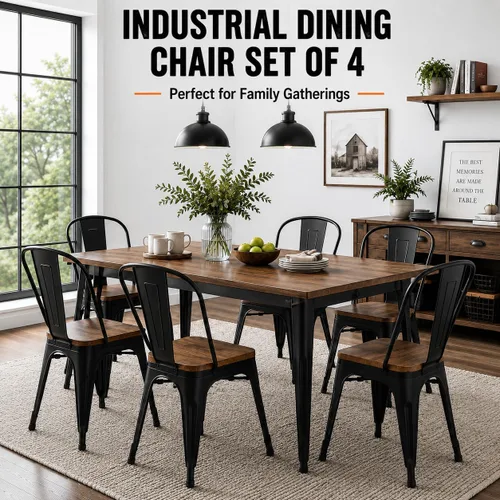 Miniatura 6 de Sillas de comedor de metal de 18 pulgadas, juego de 4 sillas de granja Arlunar, sillas de comedor negras apilables con respaldo y asiento de madera