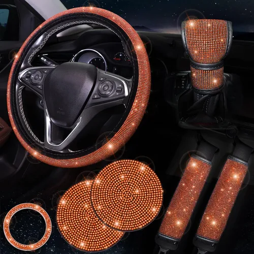 Miniatura 10 de ToBeQueen Juego de fundas para volante brillantes de 15 pulgadas, paquete de 7 piezas con accesorios de diamantes de imitación y cristales