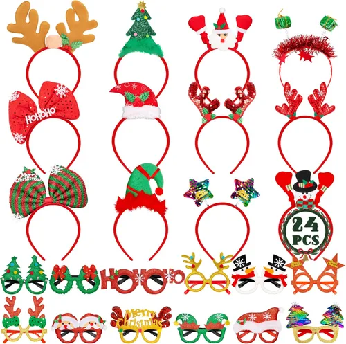Juego de 24 diademas de Navidad y marcos de gafas, recuerdos de fiesta de Navidad, lindo juego de anteojos con sombrero de Papá Noel, muñeco de