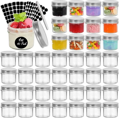 Miniatura 10 de Paquete de 40 tarros de vidrio de 4 onzas con tapas negras, mini tarro de boca regular, tarros de conservas para miel, mermelada, gelatina, recuerdo