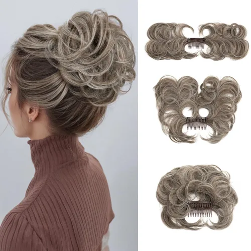 Miniatura 17 de Pieza de pelo de moño desordenado con peine lateral para mujer, clip de moño de cabello para mujer, peinado natural corto y liso, estilos ajustables