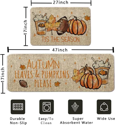 Miniatura 3 de Tis The Season - Juego de 2 tapetes de cocina de otoño, fútbol, calabaza, granja, fiesta, decoración para el hogar, cocina, baño, 17 x 27 y 17 x 47