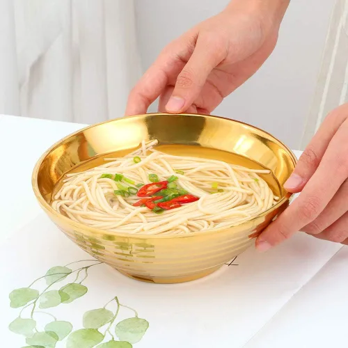 Miniatura 5 de Juego de tazones de sopa de fideos japoneses para ramen, 2 juegos (7.09 pulgadas) dorado de doble capa de acero inoxidable 18/8 con palillos y Oro