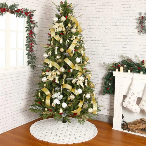 Miniatura 5 de Sattiyrch - Falda de árbol de Navidad con lentejuelas de 48 pulgadas, blanca suave y gruesa con decoraciones de copos de nieve dorados para árbol