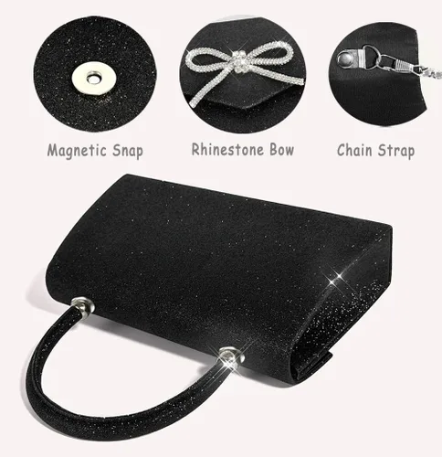 Miniatura 5 de Bolso de noche para mujer, con lazo brillante, bolso de mano para boda, fiesta, monederos con diamantes de imitación con purpurina para cóctel