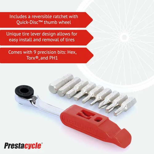 Miniatura 3 de Prestacycle Prestaratchet GO 5 en 1 Kit de herramientas múltiples para bicicleta, llave de trinquete, palanca de neumáticos, removedor de eslabones