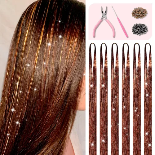 Kit de oropel de cabello marrón con herramientas e instrucciones, fácil de usar, 1200 mechones, 48 pulgadas, extensiones de cabello con purpurina