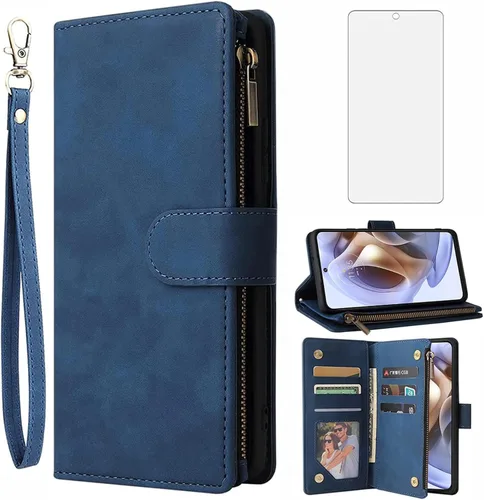 Asuwish Compatible con Motorola Moto G31/G41 - Funda tipo cartera y protector de pantalla de vidrio templado, funda de cuero con tapa para
