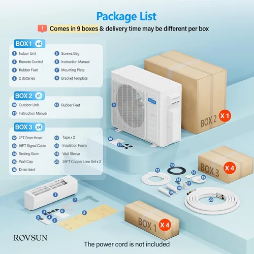 Miniatura 6 de ROVSUN 38000 BTU Quad Zone WIFI Mini Split AC/calefacción, 20 SEER2 4 zonas (9K/9K/9K/9K) BTU sin conductos Split Aire acondicionado dividido