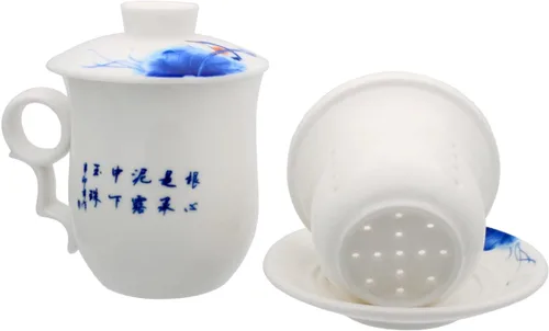 Miniatura 6 de Taza de té de porcelana con tapa de infusor y juegos de platillos – Taza de café de cerámica china Jingdezhen Taza de té de hoja suelta Sistema