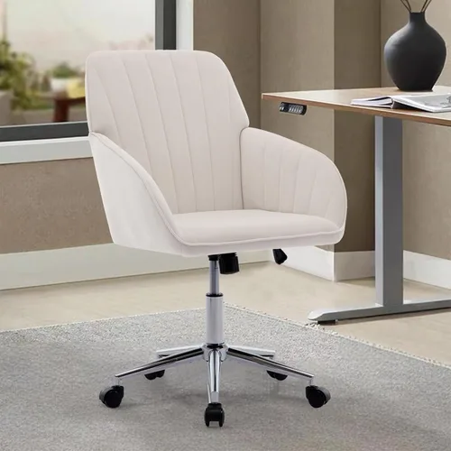Miniatura 13 de Beige Small Office Chair, Chenille Cute Swivel Vanity Makeup Desk Chair with Wheels for Teens Women Girls, Comfy Adjustable Computer Chairs for