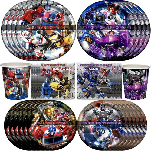 Miniatura 9 de Treasures Gifted Suministros para fiestas con licencia oficial de Transformers, sirve para 16 invitados, juego clásico de vajilla para cumpleaños