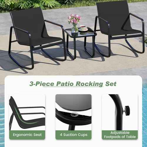 Miniatura 8 de HAPPYGRILL Juego de 3 piezas de bistró para patio con mesa superior de vidrio, sillas mecedoras de bistró, juego de muebles de patio pequeños, juego