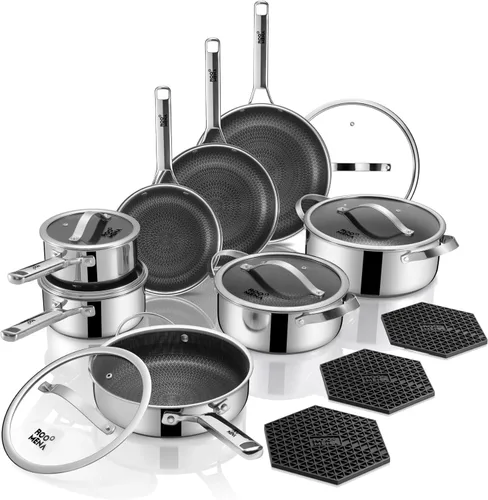 Juego de ollas y sartenes de acero inoxidable híbrido, 17 piezas antiadherentes de tres capas con sartén, apto para lavavajillas y horno, sin PFOA,