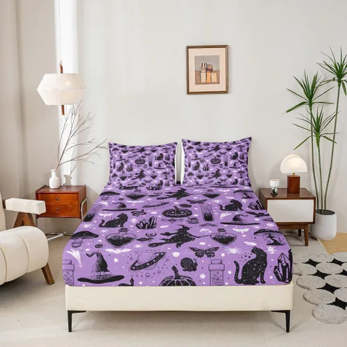 Miniatura 2 de Sábana bajera ajustable de Halloween tamaño individual, sábanas de calabaza y gato para niñas y niños, sombrero de bruja espeluznante morado