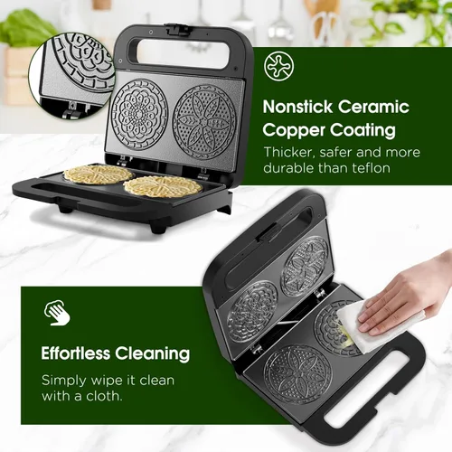 Miniatura 3 de Máquina Preparadora de Pizzelle, Mini Horno Eléctrico Antiadherente para Pizzelle y Galletas para Vacaciones, Fiestas, Postres
