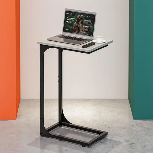 Miniatura 18 de Mesa auxiliar en forma de C para sofá, soporte de café pequeño, bandeja de sofá con marco de metal, parte superior de madera impermeable resistente