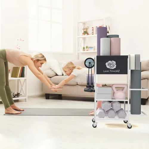 Miniatura 5 de Estante de Almacenamiento para Esterilla de Yoga, Estante de Almacenamiento para Gimnasio en Casa, Organizador de Almacenamiento de Equipo de Blanco