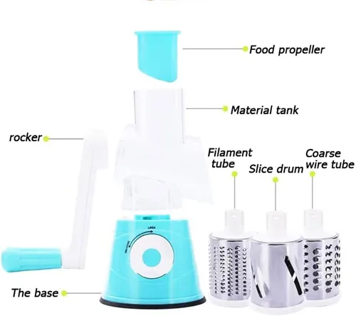 Miniatura 7 de Rallador rotativo de queso, 3 cuchillas de tambor, velocidad manual, redondo, rebanador de alimentos, molinillo de nueces con base de succión fuerte