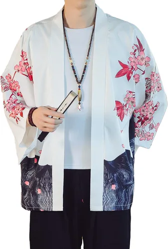 Miniatura 10 de PRIJOUHE Chaqueta Kimono Ligera para Hombre de Manga Tres Cuartos con Frente Abierto Cárdigan Estilo Japonés