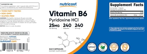 Miniatura 6 de Nutricost Vitamina B6 (Piridoxina HCl) 25 mg, 240 Cápsulas - Sin OMG, sin gluten y apta para vegetarianos