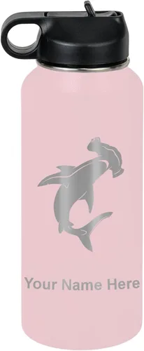 Miniatura 39 de LaserGram Botella de agua personalizada, tiburón martillo, acero inoxidable de doble pared aislada al vacío con popote superior, regalo grabado