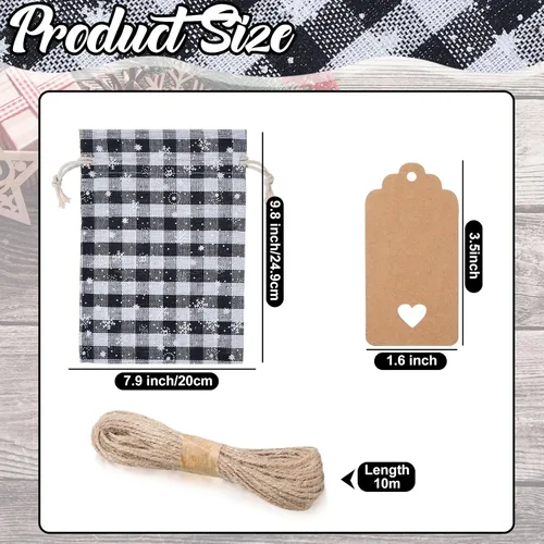 Miniatura 2 de Shappy 24 bolsas de Navidad con cordón, bolsas de arpillera a cuadros de Navidad, bolsas de lino con cuerda de 32.8 pies, 24 tarjetas
