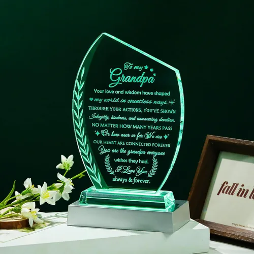 Miniatura 4 de Qianwei Regalos de cumpleaños para el abuelo de los nietos, placa de cristal único regalo para mi abuelo con base LED colorida, regalo