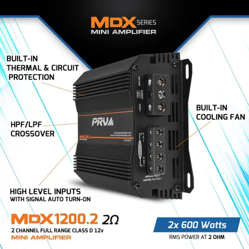 Miniatura 4 de PRV Audio MDX1200.2 Amplificador de Audio para Automóvil Mini de 2 Canales de 2 Ohmios 2X 600 Vatios RMS a 2 Ohmios - Puenteado 1CH 1200 Vatios a 4