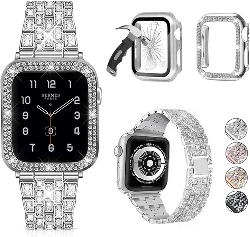 Miniatura 20 de compatible con Apple Watch de 1.496 pulgadas 1.575 pulgadas 1.654 pulgadas 1.732 pulgadas con funda para mujer, correa de metal con diamante