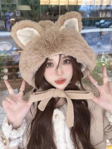 Miniatura 12 de Gorro de invierno de piel sintética para mujer, con orejas de gato de zorro, con orejera, pompón, sombrero de trampero de felpa cálida rusa