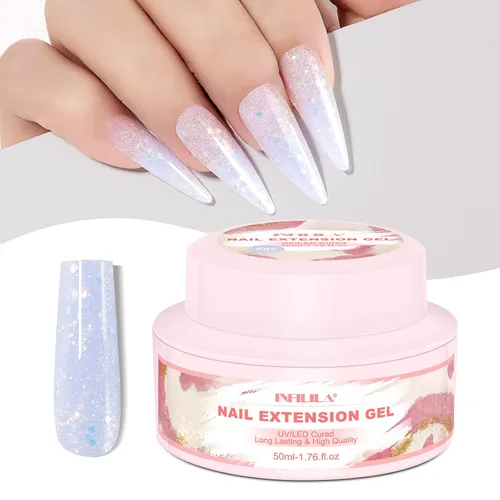 NXJ INFILILA Gel de uñas de polietileno con purpurina, colores azul bebé, extensión de gel de poliéster para mejorar las uñas, engrosamiento