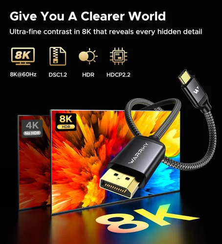 Miniatura 2 de Warrky Cable USB C a DisplayPort (8K 60Hz, 4K 240/144Hz), [Carcasa de Aluminio, Enchufe Chapado en Oro] Cable Thunderbolt 3/4 a Display Port Gris