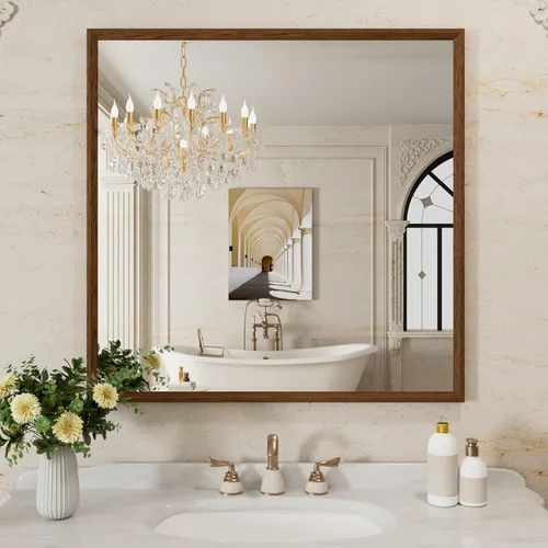Miniatura 89 de WEER - Espejo de baño dorado, espejo de 40x32 pulgadas con marco de metal dorado cepillado, espejo de tocador de baño de oro para pared