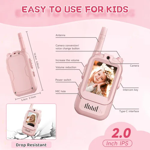 Miniatura 6 de Walkie Talkies de video para niños, paquete de 2 intercomunicadores de video recargables para niños, juguetes para interiores y exteriores